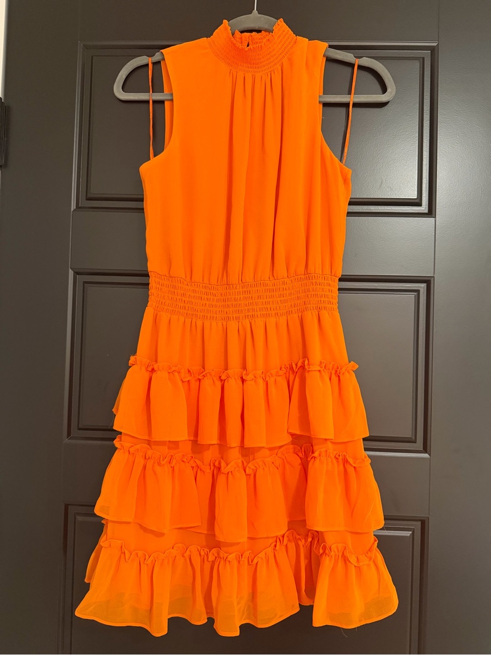 1.STATE Orange Tiered Ruffle High Neck Midi Dress Size Small